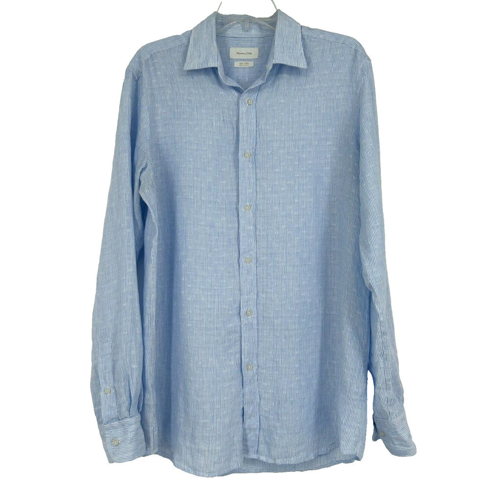 Massimo Dutti 100% Linen Button Up Shirt Blue Pintstripe Long Sleeve Size M